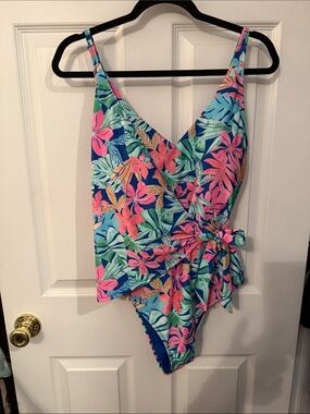 floral One-Piece Swimsuit in Blue and Pink